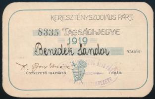 1919 Keresztényszociális Pár tagsági-jegye, pecséttel, aláírással., benne 2 tagsági bélyeggel.