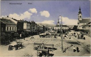 1910 Máramarossziget, Sighetu Marmatiei; Fő tér, piac, Honig József, Farkas Mór üzlete, Korona szálloda és kávéház, templom. Wizner és Dávid kiadása / main square, market, shops, hotel and café, church