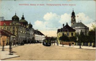 1914 Nagyvárad, Oradea; Rákóczi úti részlet, Pénzügyigazgatóság, Barátok temploma, villamos, üzletek. Boros Jenő kiadása / street view, financial directorate, church, tram, shops (EK)