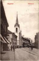 1908 Nagyvárad, Oradea; Rákóczi út, üzletek. Helyfi László kiadása / street view, shops (EK)