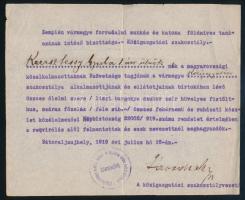 1919 Sátoraljaújhely, Zemplén Vármegye Forradalmi Munkás és Katona Földmíves Tanácsának Intéző Bizottságának Közigazgatási Szakosztályának rekvirálás alóli felmentése, 1919. jul. 16., pecséttel, aláírással.