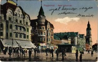 1915 Nagyvárad, Oradea; Szent László tér, Vigadó Mozgószínház, mozi, Fekete Sas nagy szálloda, biztosító, hitelbank. Benkő Artur kiadása / square, shops, cinema, hotel, insurance company, credit bank (EK)