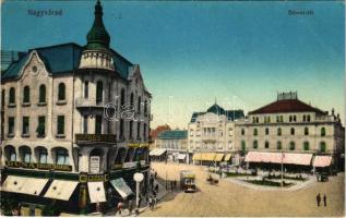 1913 Nagyvárad, Oradea; Bémer tér, Duna biztosító társaság, villamos, fogorvos, Koch Testvérek üzlete / square, tram, insurance company, dentistry, shops (EK)