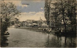 Szászrégen, Reghin; Maros partja. Hátoldalon csokoládé reklám / Mures riverside. Chocolaterie "Cesar" Anvers advertisement on the backside (fl)