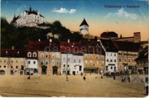 1917 Segesvár, Schässburg, Sighisoara; tér, F. Linger üzlete. F. Petrovits kiadása / square, shops (EM)