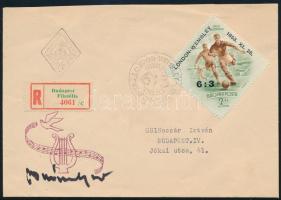 1953 Buzánszky Jenő, az Aranycsapat játékosának aláírása 6:3 FDC-n / Autograph signature of Jeno Buzanszky football player of the Hungarian Golden team on FDC issued for the Hungarian victory over England.