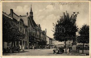 1935 Nagytapolcsány, Topolcany; Mestsky dom / Városháza, Joachim Friedmann üzlete, drogéria (gyógyszertár), automobil. M. Zarkover kiadása / town hall, shops, pharmacy, automobile (EK)