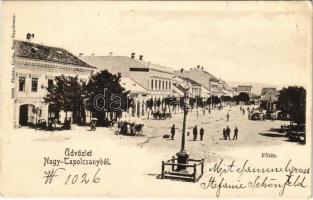 1901 Nagytapolcsány, Topolcany; Fő tér, üzletek, piac. Platzko Gyula kiadása / main square, market, shops (EK)