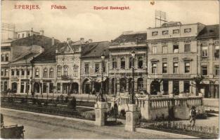 1913 Eperjes, Presov; Fő utca, Eperjesi Bankegylet, Központi kávéház, Kosch Árpád üzlete. Divald Károly Fia kiadása / main street, bank, café, shops (kis szakadás / small tear)