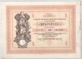 Makó 1929. "Makói Népbank Részvénytársaság" részvénye 50P-ről, szelvényekkel, szárazpecsét...