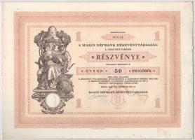 Makó 1929. "Makói Népbank Részvénytársaság" részvénye 50P-ről, szelvényekkel, szárazpecsét...