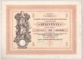 Makó 1929. "Makói Népbank Részvénytársaság" részvénye 50P-ről, szelvényekkel, szárazpecsét...