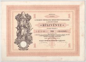 Makó 1929. "Makói Népbank Részvénytársaság" részvénye 50P-ről, szelvényekkel, szárazpecsét...