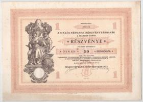 Makó 1929. "Makói Népbank Részvénytársaság" részvénye 50P-ről, szelvényekkel, szárazpecsét...