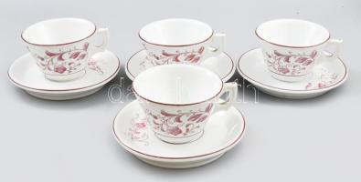 4 darab antik vastag porcelán csésze alátéttel, masszába nyomott és kézzel írt számozással, kopással, d: 16,5 cm, m: 7 cm