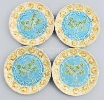 4 darab szecessziós mázas fajansz tányér, növényi mintákkal díszítve, kopással, d: 18 cm