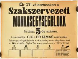 cca 1930-1940 Munkásblokk OTI választás plakát, beszakadásokkal, 47×63 cm