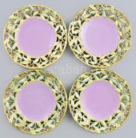 4 darab szecessziós mázas fajansz tányér, áttört növényi mintákkal díszítve, kopással, d: 20 cm