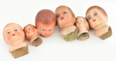 6 darab antik papírmasé és kerámia babafej, kopással, m: 12 cm alatt