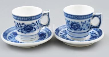 2 darab antik máz alatti kobalt festéssel porcelán csésze alátéttel. Kopással, d: 11 cm, m: 7 cm