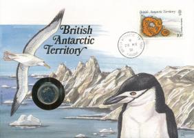 Nagy-Britannia 1990. 5p Brit Antarktiszi Terület érmés borítékban, bélyegzéses bélyeggel, német nyelvű leírással T:UNC Great Britain 1990. 5 Pence in British Antarctic Territory coin envelope with stamp and cancellation, with German description C:UNC