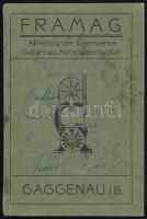 cca 1900 Framag, Abteilung der Eisenwerke, Gaggenau, Aktiengesellschaft / Vasipari gépek (szalagfűrészek, darálógépek, stb.) képes katalógusa, német nyelven. Kiadói papírkötés, kissé sérült, foltos borítóval, néhány bejegyzéssel, az első lap hiányzik, 70 p.