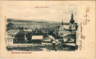 1901 Stószfürdő, Stoósz-fürdő, Kúpele Stós; Város főtere, templom. Wlaszlovits Gusztáv kiadása / main square, church (EK)