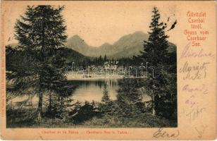 1899 (Vorläufer) Tátra, Magas-Tátra, Vysoké Tatry; Csorbai tó és Tátra. A. von Palocsay kiadása / Strbské pleso / Csorbaer See u. Tatra / lake, mountains (szakadás / tear)