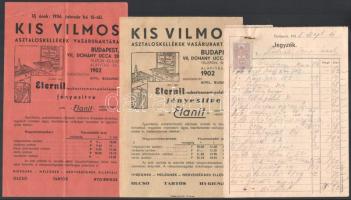cca 1935-1936 Kis Vilmos asztaloskellékek vasáruraktára (Bp., VII., Dohány u. 28.), 2 db reklámlap + Jegyzék (számla), 2f illetékbélyeggel