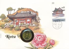 Dél-Korea 1985. 10W Cu felbélyegzett borítékban, bélyegzéssel, német nyelvű tájékoztatóval T:UNC South Korea 1985. 10 Won Cu in envelope with stamp, cancellation and a prospectus in german C:UNC