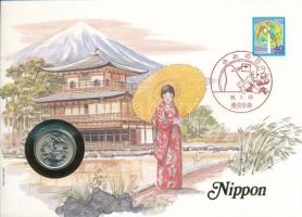 Japán 1981. 100Y Cu-Ni felbélyegzett borítékban, bélyegzéssel, német nyelvű leírással T:UNC  Japan 1981. 100 Yen Cu-Ni in envelope with stamp and cancellation and german language description C:UNC