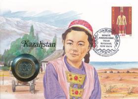 Kazahsztán felbélyegzett borítékban, bélyegzéssel, német nyelvű tájékoztatóval, benne Oroszország 1992. 100R bimetál T:AU Kazakhstan in envelope with stamp, cancellation and a prospectus in german, in it Russia 1992. 100 Rubles bimetallic C:AU