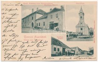 1905 Szarvkő, Hornstein; Fürstl. Esterházysches Herrschaftshaus, Handlung Márold, Pfarrkirche, Gasthaus Strauss / Esterházy kúria, Plébániatemplom, Strauss vendéglője, Márold üzlete és saját kiadása / castle, parish church, inn, restaurant, publishers shop (EK)