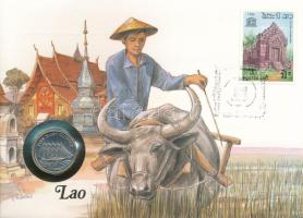 Laosz 1988. 10K Cu-Ni borítékban, bélyegzéssel T:UNC  Lao 1988. 10 Kip Cu-Ni &quot;Five-masted Clipper&quot; in envelope with stamp and cancellation C:UNC