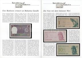 6 darab "Kuriositäten auf Banknoten" német nyelvű tájékoztatólap bankjegyekkel, közte Indo...