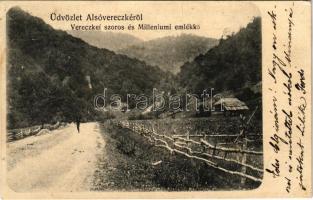 1908 Alsóverecke, Niznije Verecki, Nizsnyi Vorota, Nyzhni Vorota; Vereckei-szoros és Millenniumi emlékmű. Scharf Eisig kiadása / mountain pass, Hungarian Millennium monument (EK)