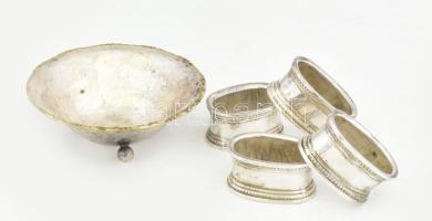 4 darab antik ezüstözött szalvétagyűrű, tálkában, kopással