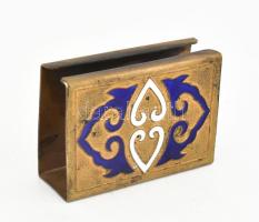 Antik réz gyufatartó, zománcos díszítéssel, kopással, 5,5x4x2 cm