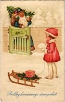 Boldog karácsonyi ünnepeket / Christmas greeting art postcard with Saint Nicholas and gifts. Amag No...