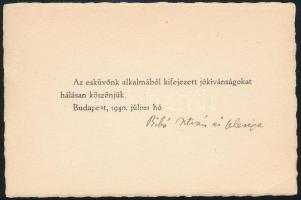 1940 Bibó István (1911-1979) politikus, tudós és felesége, Ravasz Piroska (1909-1979) esküvőjükre kapott jókívánságot megköszönő kártyája, rajta Bibó István autográf köszönő sorai és aláírása 16x10 cm