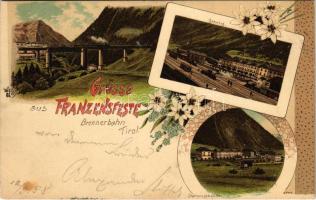 1898 (Vorläufer) Fortezza, Franzensfeste (Südtirol); Grüsse aus Franzensfeste Brennerbahn Tirol, Bahnhof, Stationsgebäude / railway station, railway bridge. O.Z.M. Art Nouveau, floral, litho (EK)