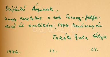 Takáts Gyula: Fogadj be világ. Versek. A költő rajzaival illusztrált. Békéscsaba, 1983., Megyei Könyvtár, 5 sztl. lev. Első kiadás. Kiadói papírkötés. Számozott (3./250), a szerző, Takáts Gyula 1911-2008) Kossuth-díjas költő, író, műfordító, kritikus,múzeumigazgató által Szíjártó Árpád somogyi költő részére dedikált példány.