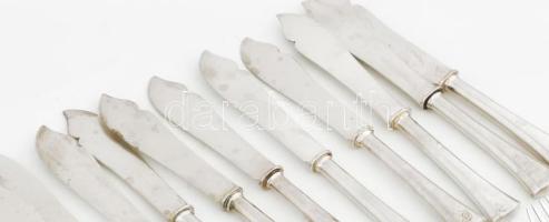 Alpakka evőeszközök: 11 db kés + 12 db villa, zömmel monogramosak