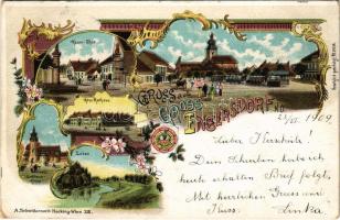 1909 Gross-Enzersdorf, Groß-Enzersdorf; Kasern-Tor, Altes Rathaus, Siebfrauen-Kirche, Lobau. A. Schwidernoch Art Nouveau, floral, litho (EK)