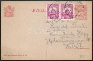 1927 Késői felhasználású 10f díjjegyes levelezőlap 2 bélyeges kiegészítéssel Bécsbe / Late use 10f PS-card with additional franking BUDAPEST - Wien