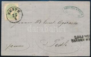 1863 3kr zöld, helyi levélen / green on local cover PESTH