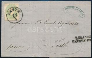 1863 3kr zöld, helyi levélen / green on local cover &quot;PESTH&quot;