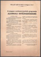 1956 &quot;A magyar szakszervezetek programja azonnali intézkedésekre&quot;, kiadja: a Szakszervezetek Országos Tanácsa Elnöksége, röplap, hajtott, lapszéli szakadásokkal