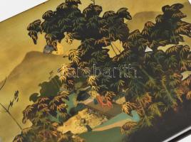 Japán lakkozott tárolódoboz, tájkép jelenettel, kopással, 20x15x4,5 cm