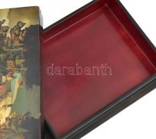 Japán lakkozott tárolódoboz, tájkép jelenettel, kopással, 20x15x4,5 cm